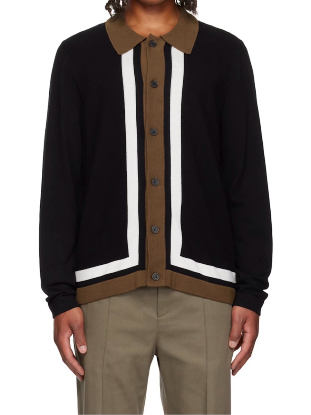 NWT HUGO Black Button Up Cardigan with Brown Collar & Trim w/White Detail